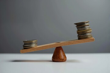 Coins stacked on wooden seesaw against grey backdrop.
