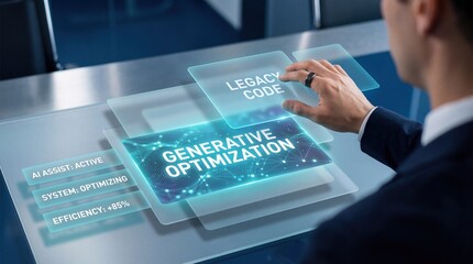 Man interacting with futuristic interface for generative optimization and legacy code modernization, AI assist active with 85 efficiency