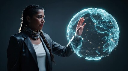 Woman touching hologram globe network. Digital technology interface shows data interaction. Visualization highlights innovation and global connectivity. Professional virtual analytics and mapping. - Powered by Adobe