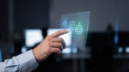 Adult mans hand interacting with a futuristic chatbot interface on a transparent screen, concept of AI and digital communication