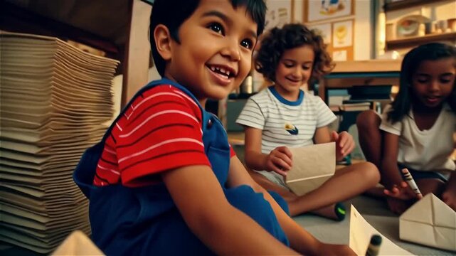 Group of children engaged in creative activity, eagerly collaborating on a large sheet of paper in a well-lit indoor environment