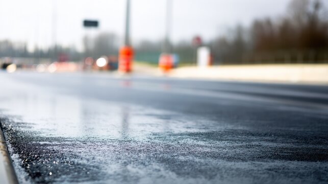 Freshly laid black asphalt road, wet and glossy after rolling. mobility guides, transit brochures, designed for transport & logistics marketing, used by account managers.