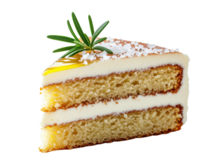A slice of moist cake layered with cream, topped with a drizzle of syrup and a sprig of rosemary for garnish.