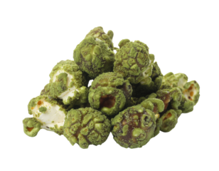 A cluster of uniquely coated popcorn pieces, featuring a green hue and textured surface, creating a visually intriguing snack.