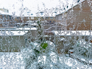 Ice crystals on a window in a snowy winter, Almere, Flevoland, Netherlands

