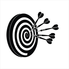 A black and white illustration of a dartboard with darts hitting the target