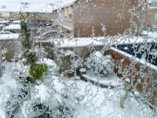 Ice crystals on a window in a snowy winter, Almere, Flevoland, Netherlands


