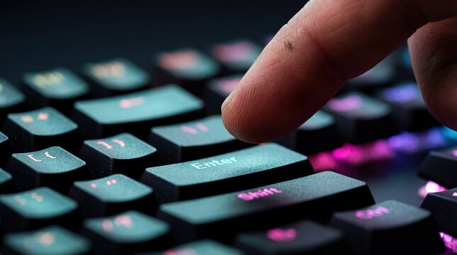 Closeup of a persons finger pressing the Enter key on a backlit mechanical keyboard with vibrant RGB lighting