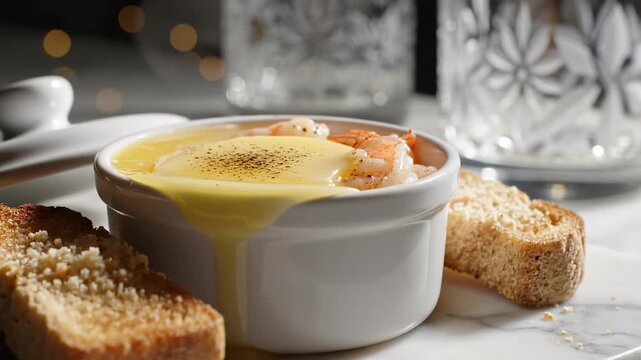 Potted shrimps with butter in ramekin on marble table. Bright natural light, cinematic bokeh. Gourmet seafood footage.