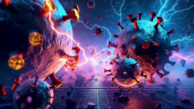 Two massive coronavirus particles clashing with lightning bolts sparks and energy clash in dark stormy space