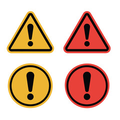 Warning Symbol Set with Exclamation Marks in Yellow and Red Triangles and Circles Vector