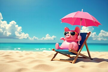 A Cute Pink Piggy Bank Lounging on the Beach with Sunglasses, Umbrella, and Deck Chair