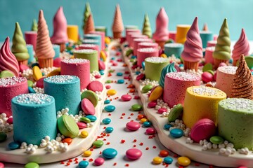 Candy-coated cityscape: An aerial viewpoint of a vibrant metropolis crafted from ice cream and sweets