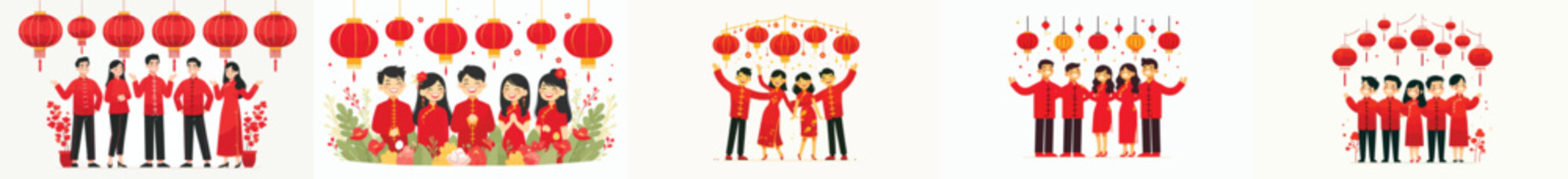 vector of friends standing together under lanterns on Chinese New Year
