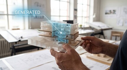 Architect holding a 3D building model with holographic overlay, showcasing digital design and innovation in an office setting