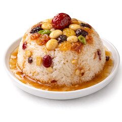 Eight-treasure rice pudding, traditional presentation, white background