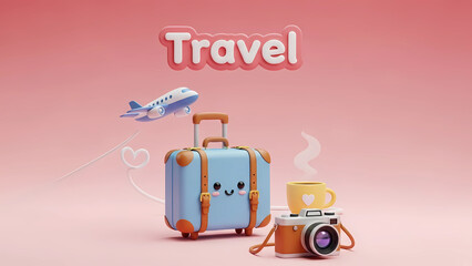 Cute 3D Travel Concept Illustration with Happy Suitcase Character, Airplane, Vintage Camera, and Coffee Cup on Pink Background