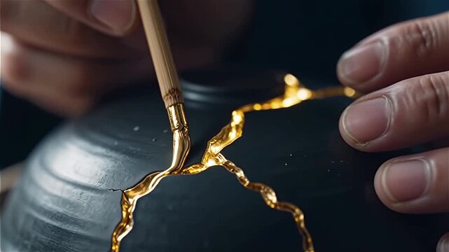 Hands applying gold lacquer to a cracked ceramic bowl during a traditional repair process, showcasing craftsmanship and artistry