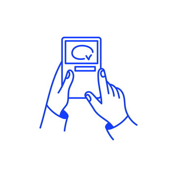 Vector simple doodle linear illustration, hands holding phone, with check mark