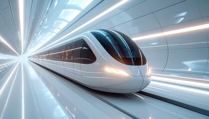 A fast moving passenger train speeds through a city metro station with motion blur on the underground rail track
