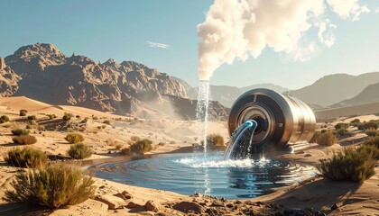 Oil storage tanks stand against a desert landscape where the power of nature meets a flowing stream and cascade of rock