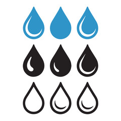 Water Droplet Icon Set in Blue Black and Outline Styles with Glossy Highlights Vector