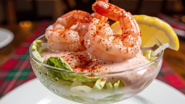 Dublin Bay prawn cocktail in chilled glass coupe on table. Warm indoor lighting with condensation and cinematic bokeh.