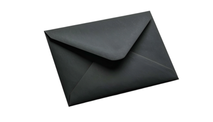A simple, isolated, and slightly angled black envelope on a stark black background
