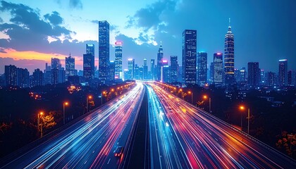 A vibrant night cityscape of Hong Kong features motion blur from traffic on a highway winding through downtown skyscrapers and urban architecture in China