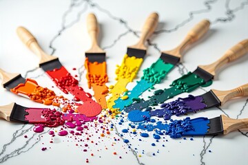 Rainbow-colored Paint Splattered Tools Arranged on White Marble