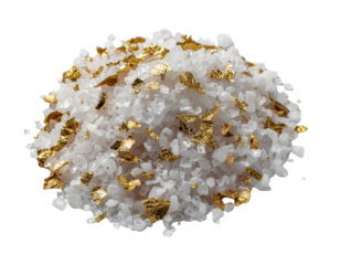 A pile of coarse salt mixed with shimmering gold flakes, creating an elegant and luxurious appearance.