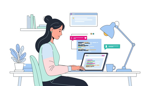 Dedicated Female Developer Crafting Code on Laptop, Bringing Innovative Digital Projects to Life