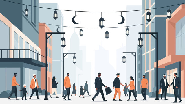 Bustling city street with diverse people interacting under festive crescent moon lanterns, symbolizing community connection and urban cultural celebration - Powered by Adobe