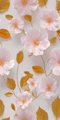 Fototapeta premium Floral design with pink flowers and gold leaves on a light background for decoration or art project