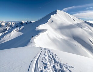 Snow-covered mountain ridge with hikers ascending towards a peak, bright sunlight
