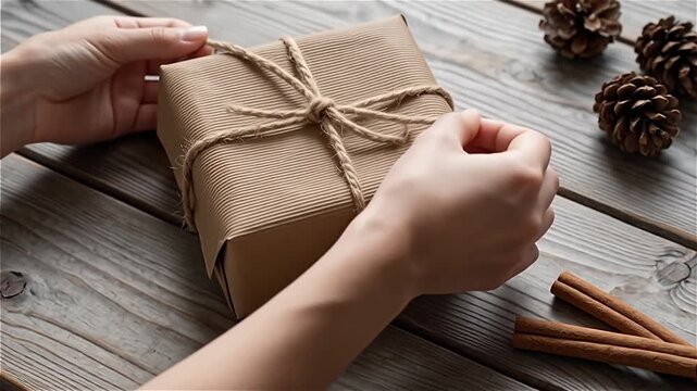 Close-up of hands tying twine around a wrapped gift on a rustic wooden table, with pine cones and cinnamon sticks in the background