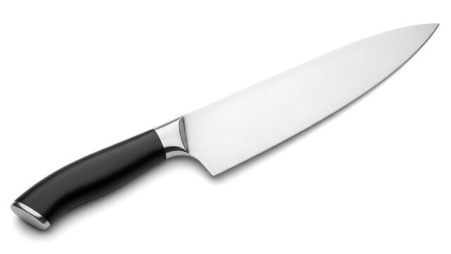Professional Stainless Steel Chef's Knife with Black Ergonomic Handle Isolated on White Background Sharp Blade for Precision Cutting Chopping and Slicing Culinary Equipment for Kitchen Professional