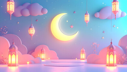 Dreamy Night Scene with Lanterns and Moon