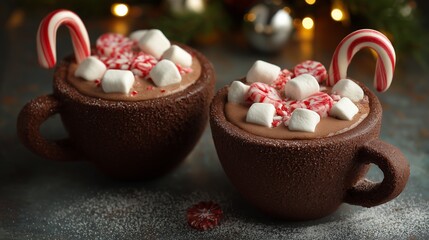 Naklejka premium Hot chocolate with candy canes and marshmallows in brown cups for winter celebration