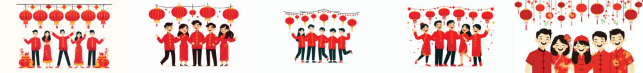 vector of friends standing together under lanterns on Chinese New Year