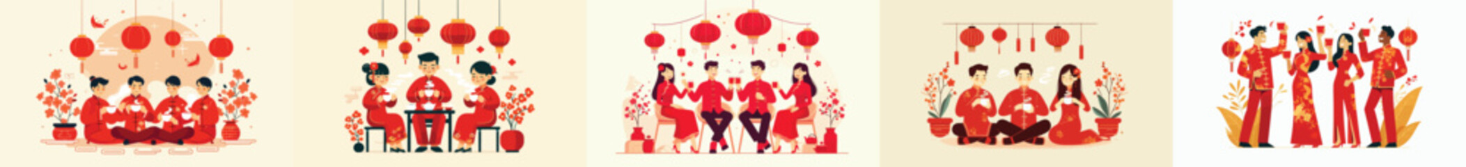 vector of friends drinking tea together on Chinese New Year