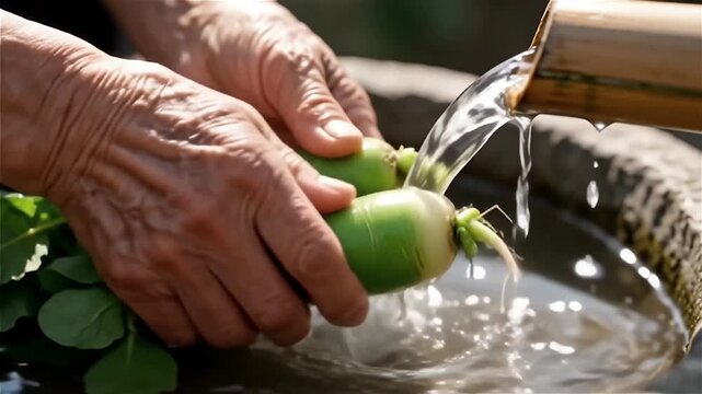 Hands gently washing fresh green radish under flowing water from a bamboo faucet, creating a serene and natural atmosphere
