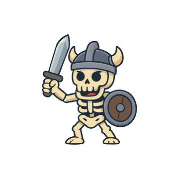 Skeleton warrior with sword and shield. Undead fighter holding viking helmet. Bone soldier fantasy character.