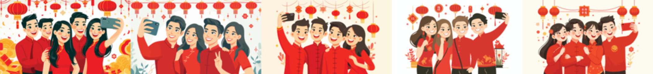 vector of friends taking selfies together during Chinese New Year celebrations