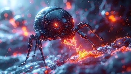 A macro close-up of a metallic spaceship and UFO flying through space like a red ladybug beetle hovering over a dark garden leaf