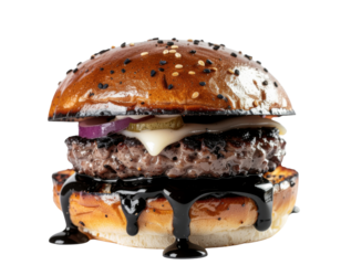 A gourmet burger featuring a glossy bun, juicy beef patty, fresh toppings, and a drizzle of rich sauce.