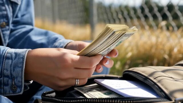 Individual handling cash while seated near a fence, with a backpack open and grassy area in the background