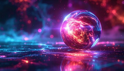 A glowing 3d blue planet Earth rotates in the dark galaxy space among stars and clouds with the sun light illuminating the global atmosphere and world map