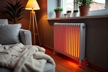 Intimate View of a Radiator Glowing Red in a Cozy Modern Home with Inviting Decor