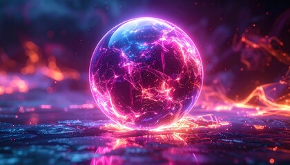 A glowing 3d blue planet Earth rotates in the dark galaxy space among stars and clouds with the sun light illuminating the global atmosphere and world map